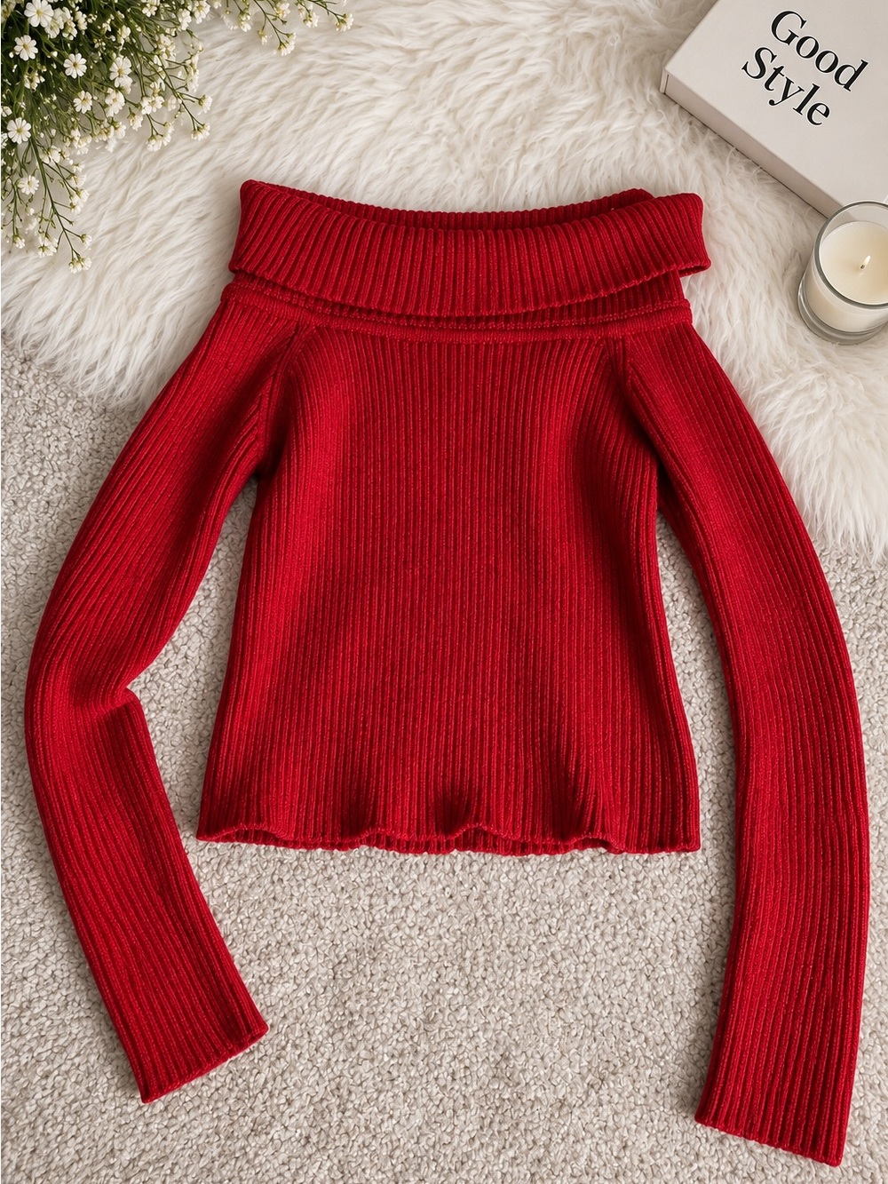 Off-Shoulder Ribbed Red Women's Sweater